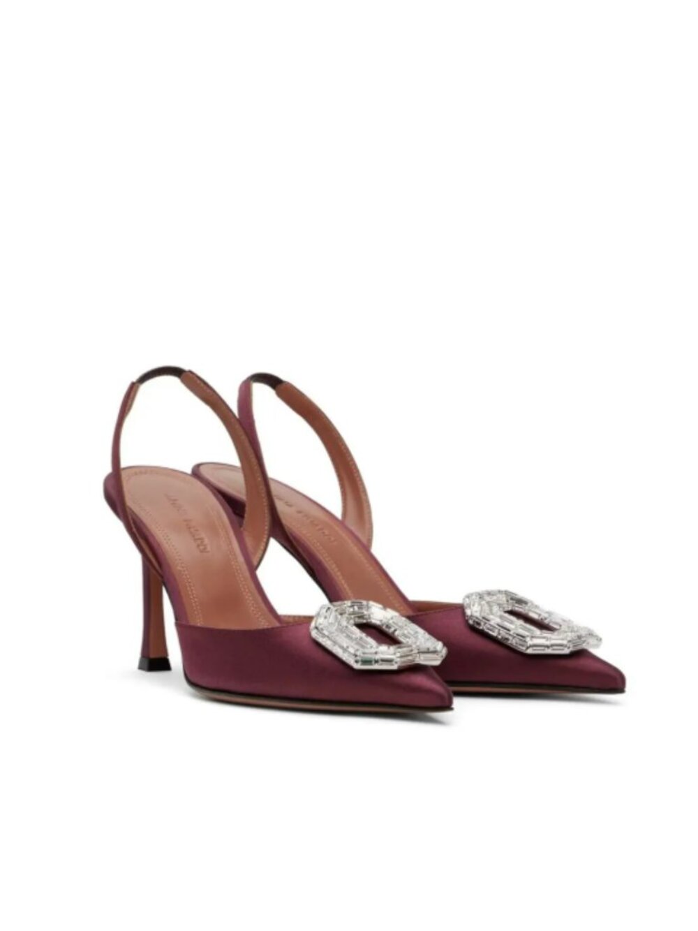 Amina Muaddi Camelia Burgundy Satin Sling Pumps Heels W/ Crystal, Size 6 | 36